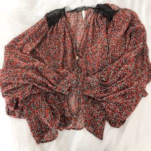 Wyatt brand rose patterned batwing sleeve cardigan w/black lace eyelash detail